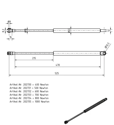 Amortizor gaz Knott/Al-ko 10/22, 600 N, 525 mm - imagine 2