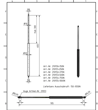 Amortizor Al-ko/Knott, 10/22, 150 N, 655mm