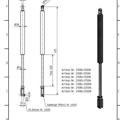 Amortizor 14/28, 2250 N, 615 mm