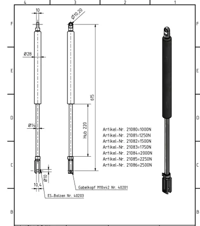 Amortizor 14/28, 2250 N, 615 mm