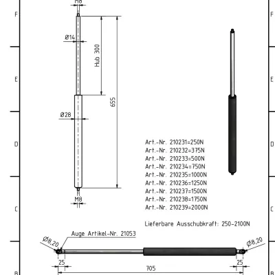 Amortizor gaz 14/28, 750 Newton, lungime 655 mm, cursă 300 mm, racorduri filetate M8/M8