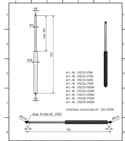 Amortizor gaz 14/28, 750 Newton, lungime 655 mm, cursă 300 mm, racorduri filetate M8/M8