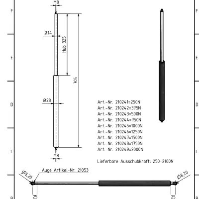 Amortizor Al-ko/Knott 14/28, 1250 Newton, 705 mm