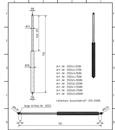 Amortizor Al-ko/Knott 14/28, 1250 Newton, 705 mm